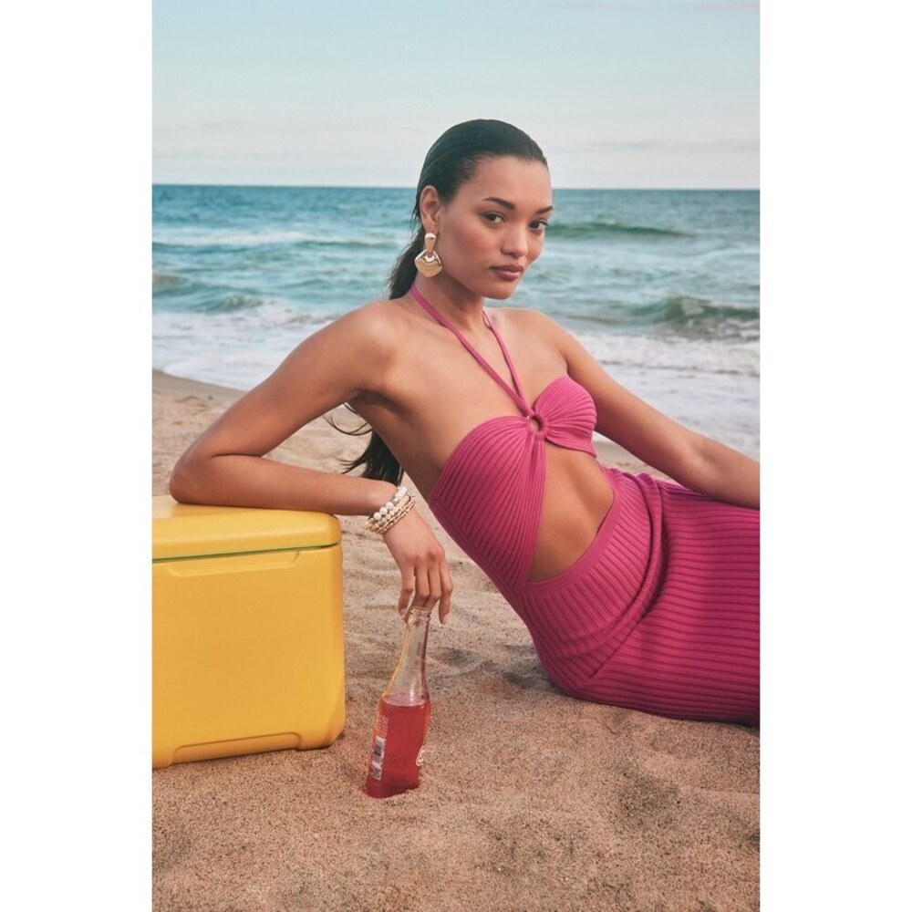 Lulus Leading The Trends Hot Pink Ribbed Knit Cutout Halter Midi Dress - Size S